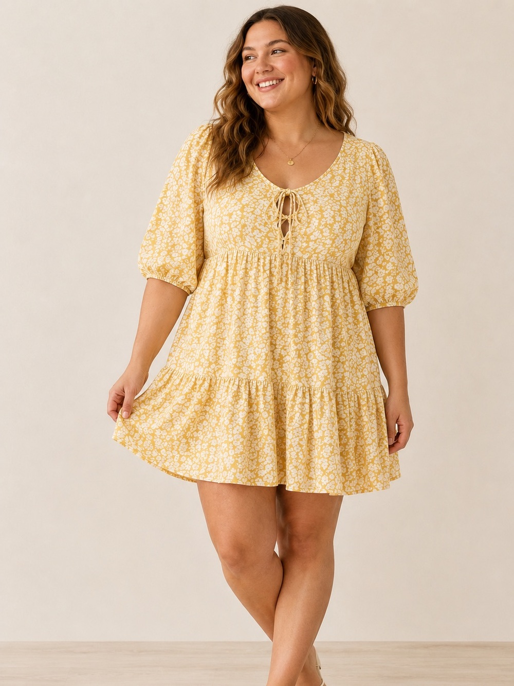 Hollister Yellow Floral Mini Dress Large Tie Front Tiered Cottagecore